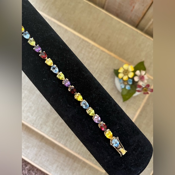 Elegant Multicolor Gemstone Bracelet Sterling Silver Gold plated 925 - Picture 3 of 9